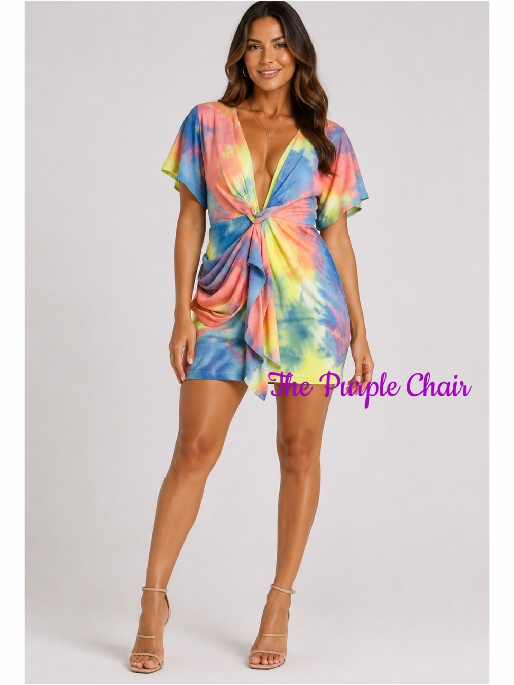 Neon Tie-Dye Plunge Neck Mini Dress M